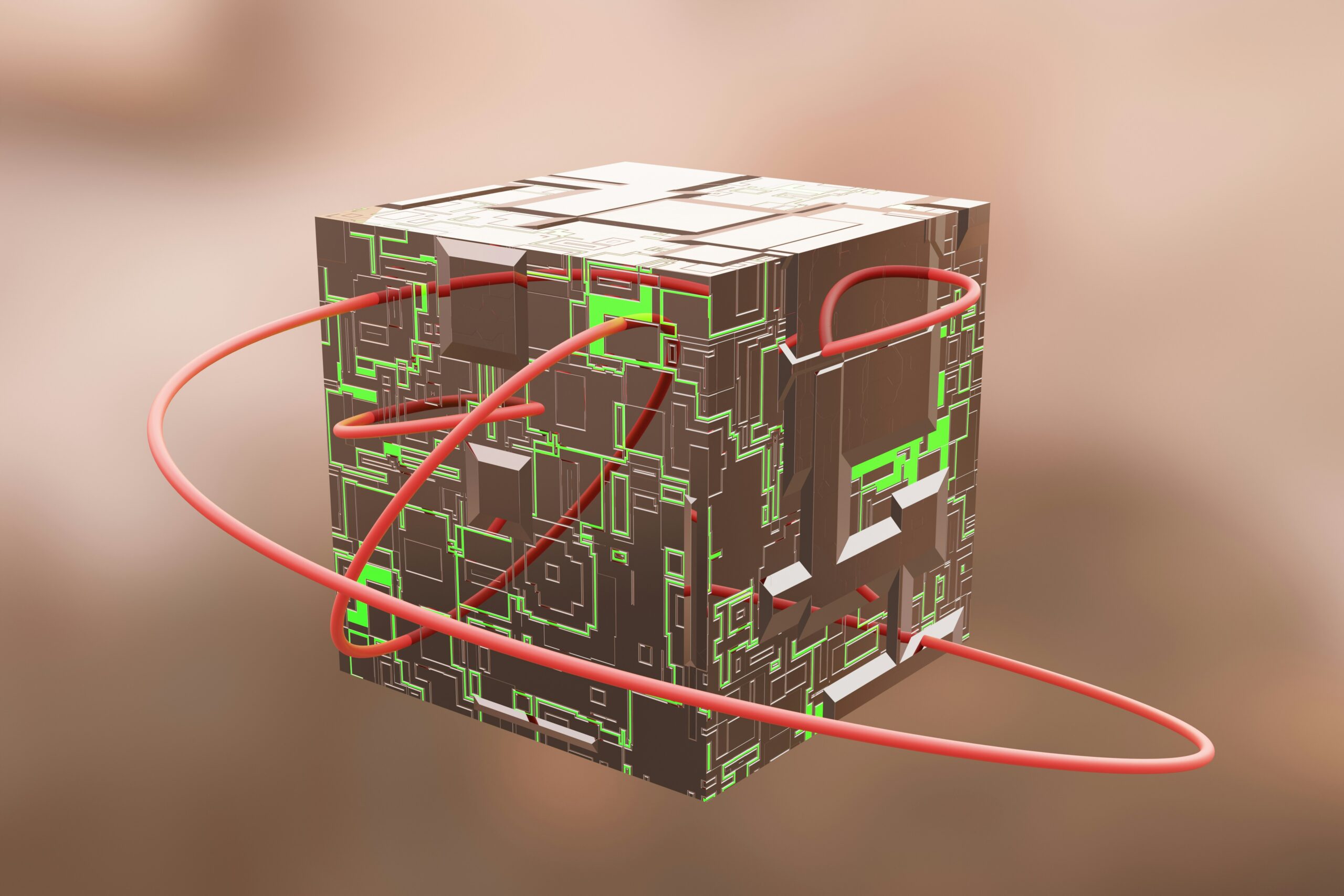3D wireframe model on computer screen - a box with a red cord connected to it