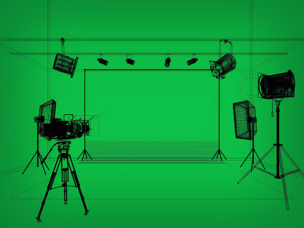 3D wireframe rendering on screen - Green screen photo studio with lighting and movie camera 3d ...