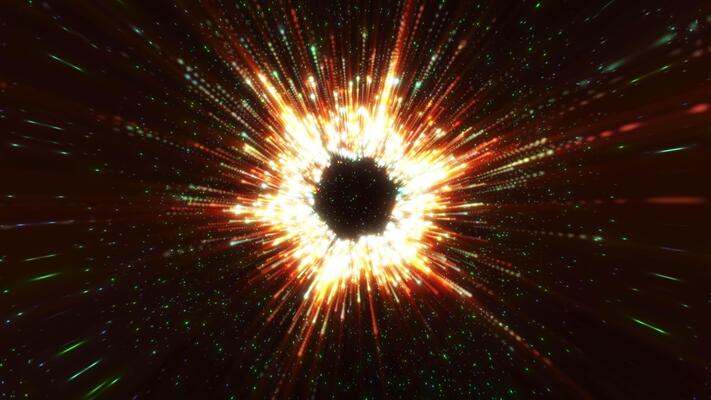 Digital particle explosion - Flying sparkling and shiny particles, abstract rain of glittering ...