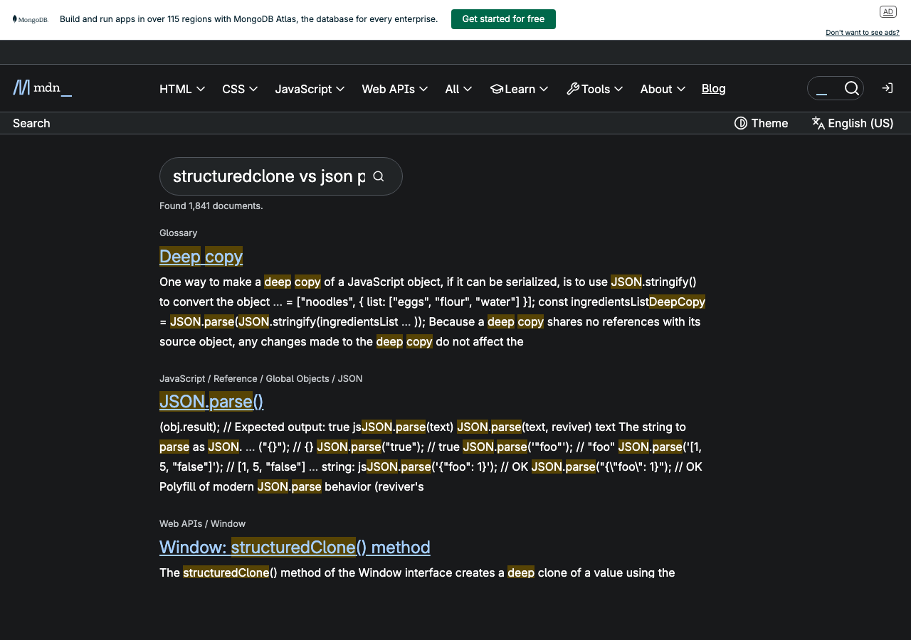 Official documentation for structuredclone vs json parse deep copy