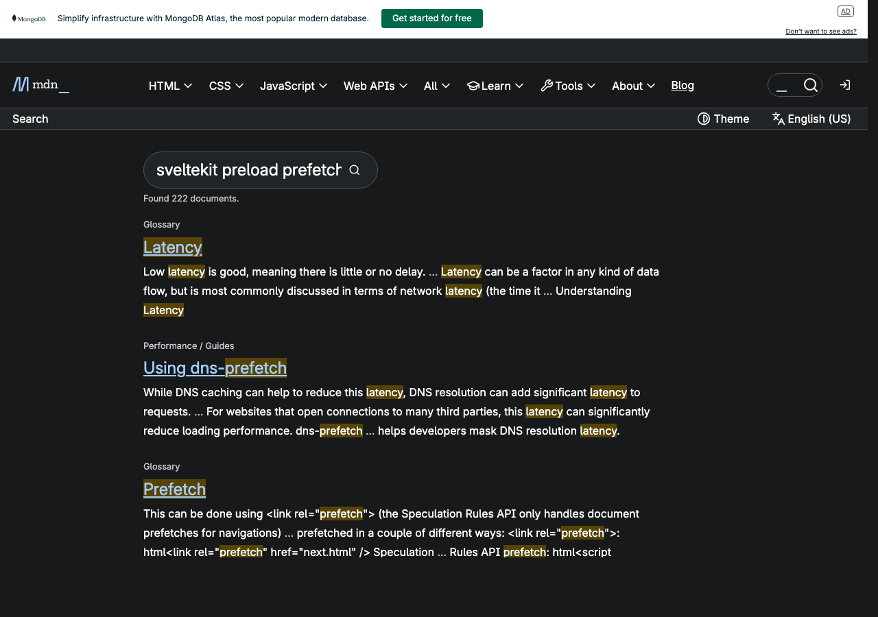 Official documentation for sveltekit preload prefetch latency