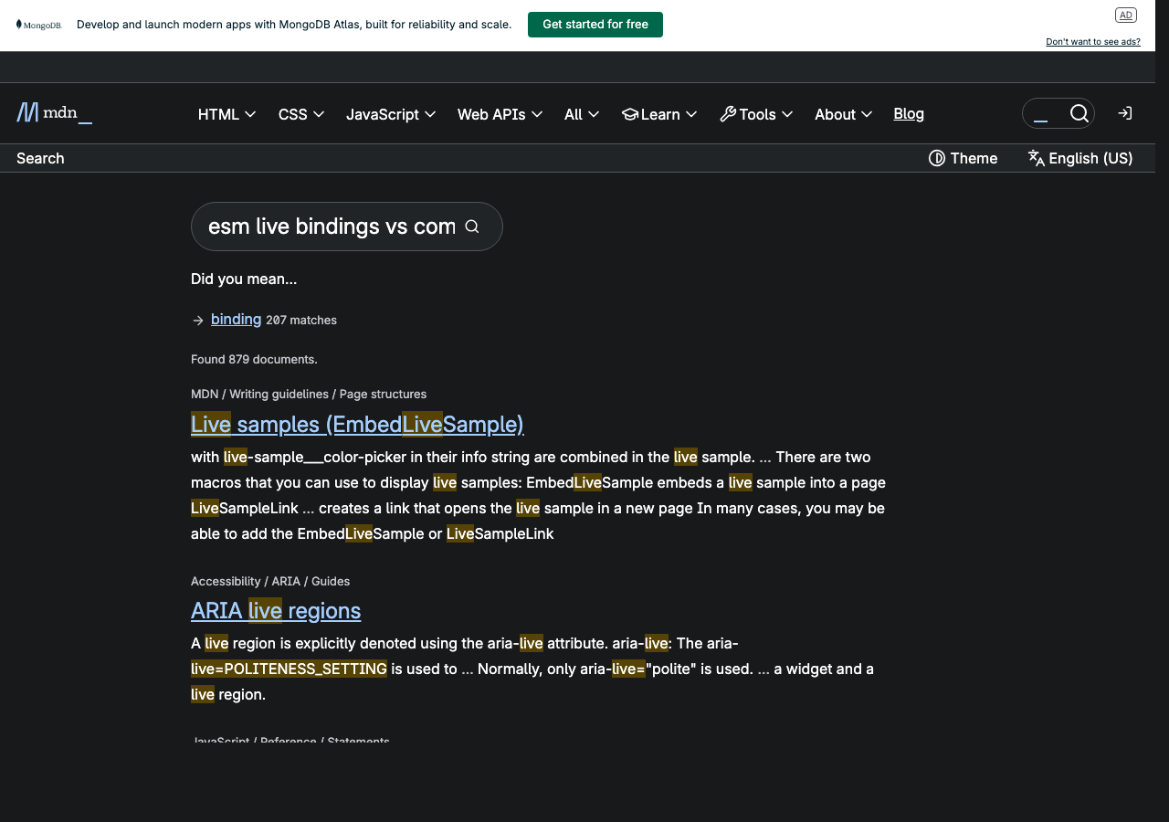 Official documentation for esm live bindings vs commonjs